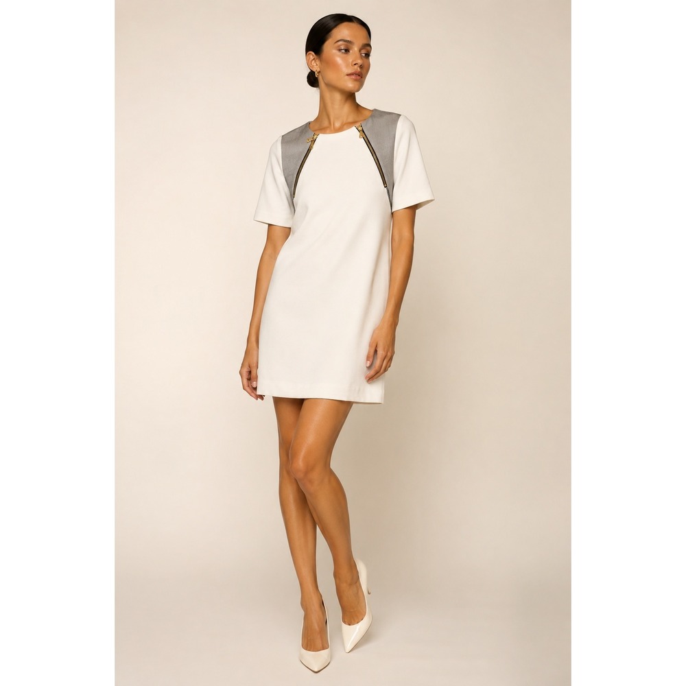Trina Turk Milena Mesh Shift Dress 6 White Zipper Mod Contemporary Office Work